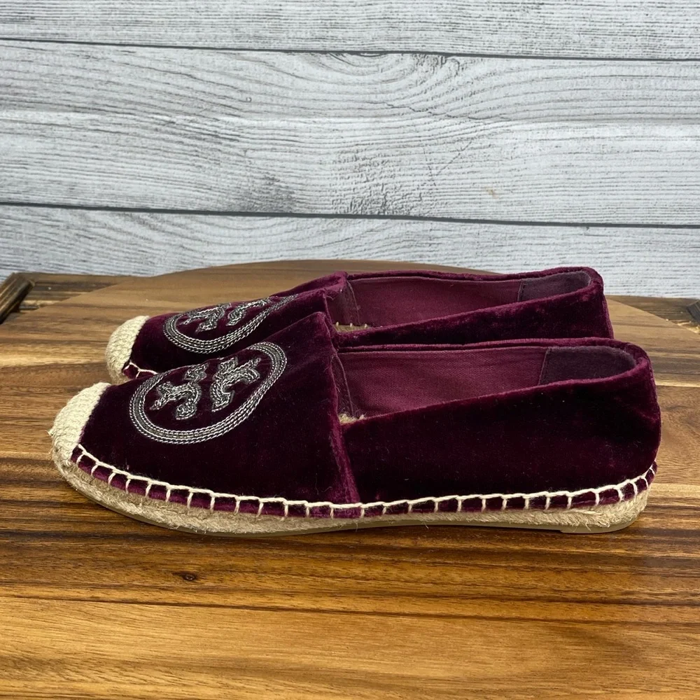 Tory Burch Chain Logo Velvet Espadrilles Bordeaux Purple Flats Women’s Size 6